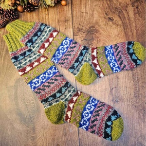 Hand Knitted Fair Isle Socks Liv sizes  M, L - Green