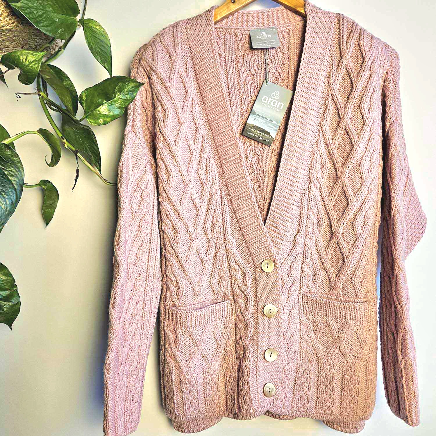 Boxy Aran Cardigan in Soft Merino - Winter Rose