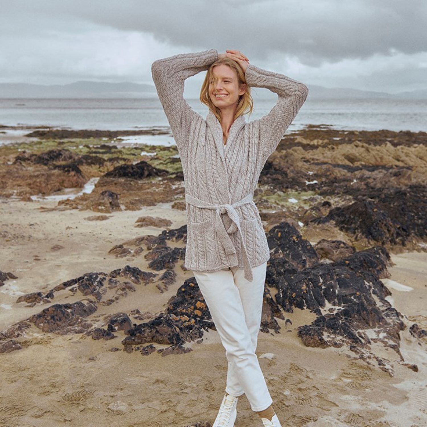 Shawl Neck Aran Cardigan in Soft Merino