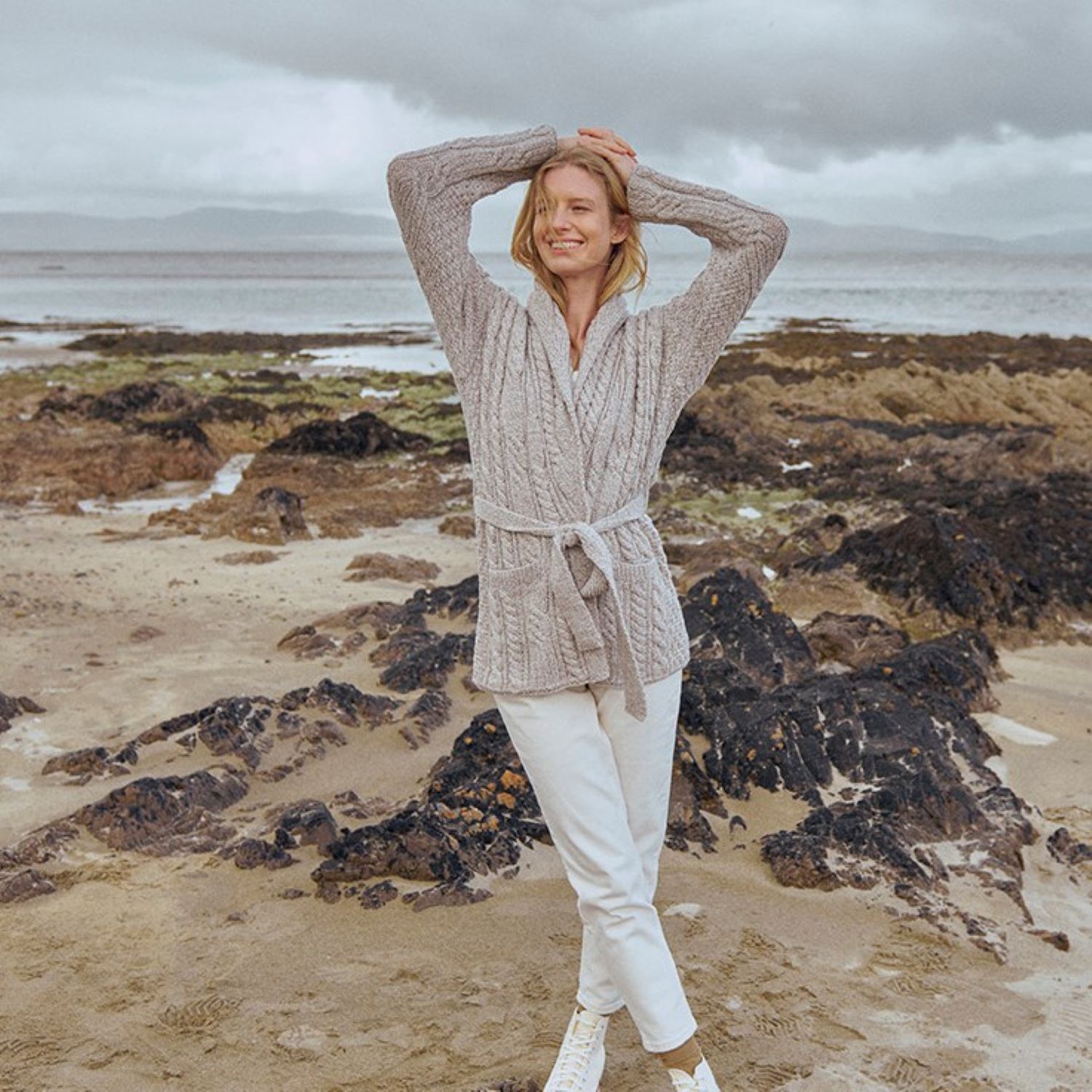 Shawl Neck Aran Cardigan in Soft Merino