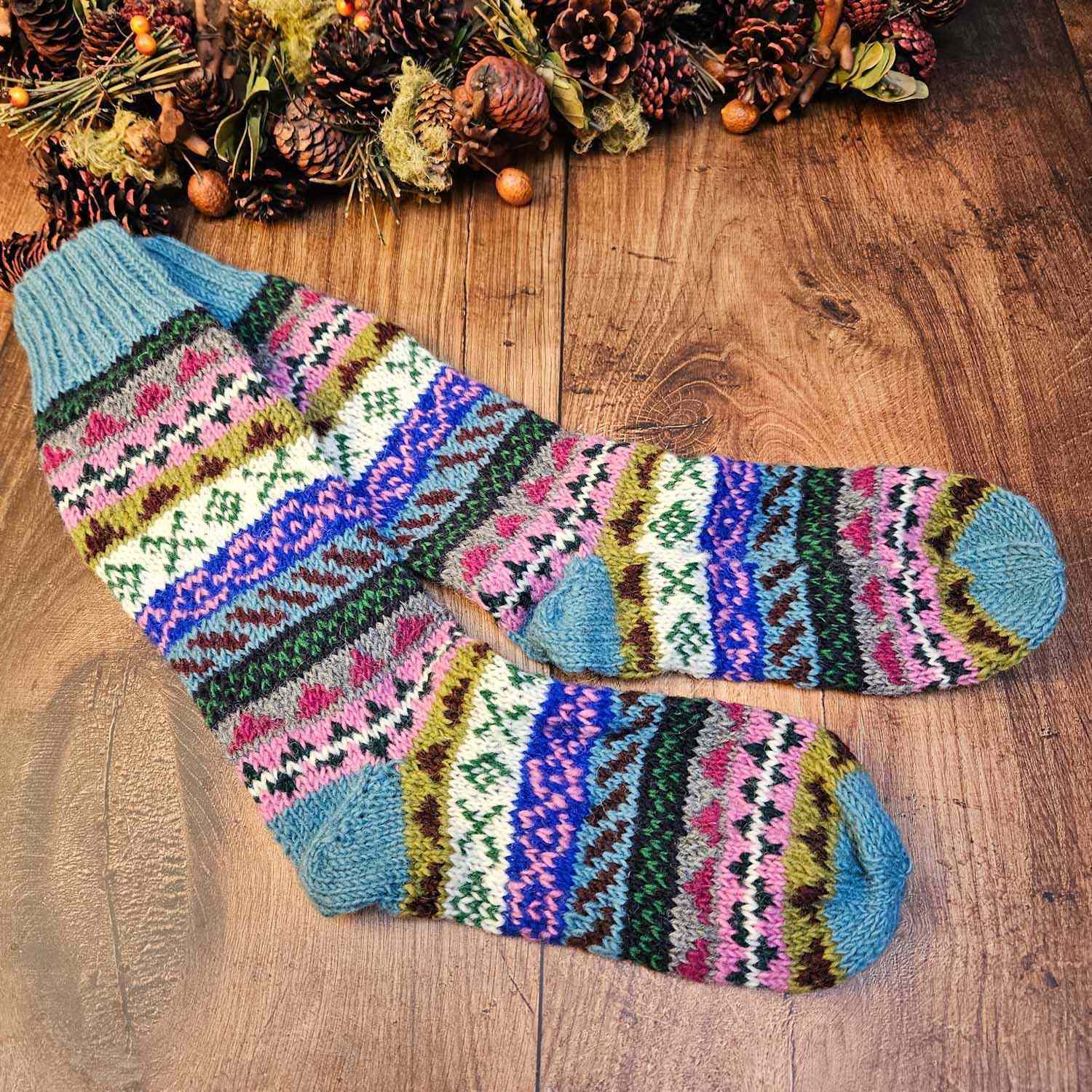 Hand Knitted Fair Isle Socks Liv sizes  M, L - Turquoise